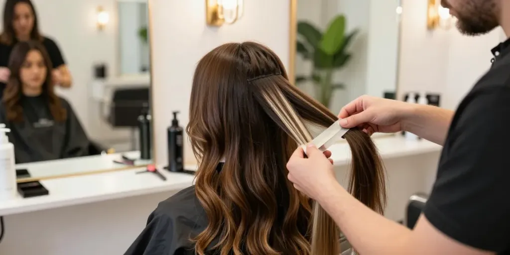 Hairstylist applying invisible tape in hair extensions human hair for seamless blending in a stylish salon setting