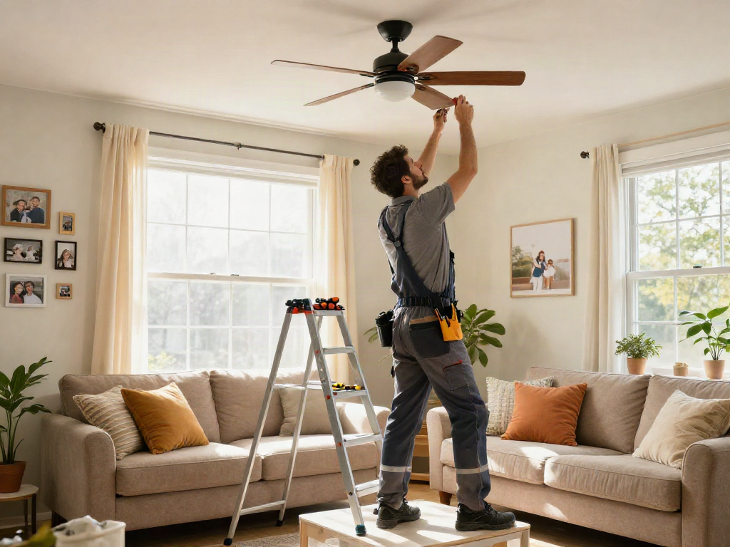 Home repair services Des Moines Iowa represented by a handyman fixing a ceiling fan in a cozy living room.