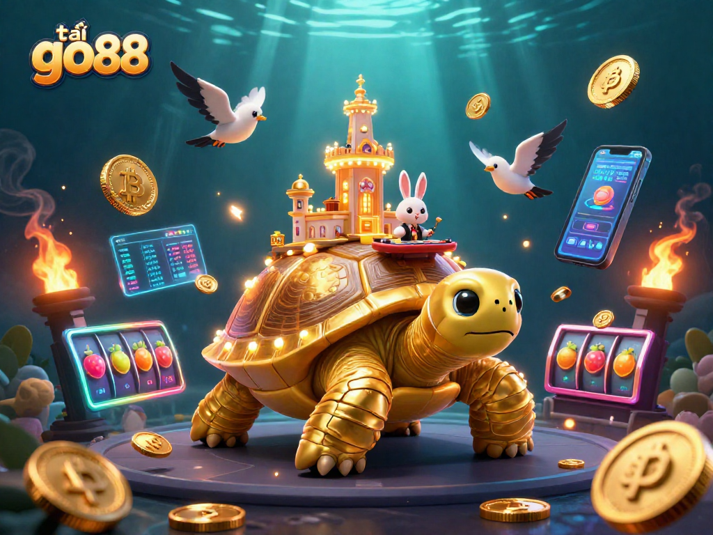 Experience the excitement of tải go88 with vibrant golden characters and casino items in a rich, dynamic illustration.
