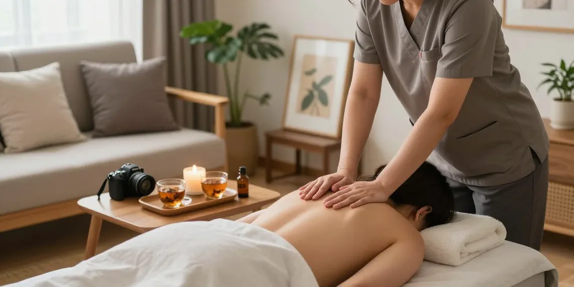 Expert 의왕출장마사지 in a serene home setting, showcasing relaxation and wellness.