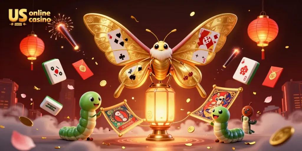 Engaging scene of a 3D atlas moth symbolizing a us online casino with intricate gaming elements.