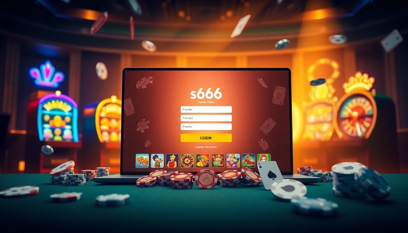 S666 đăng nhập online gambling interface with vibrant casino elements, cards, and chips
