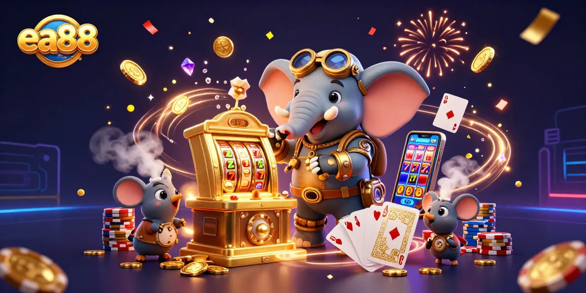 ea88 showcases a vibrant 3D casino scene with steampunk elements celebrating gaming excitement.