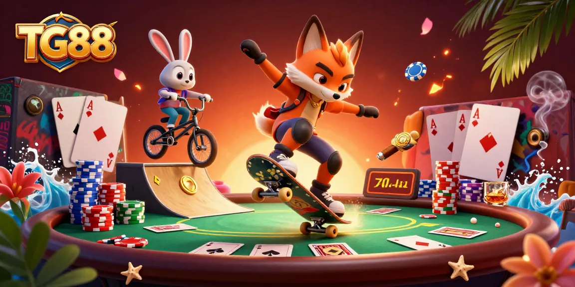 Experience TG88 by witnessing a fox performing tricks over golden poker chips in a vibrant casino scene.