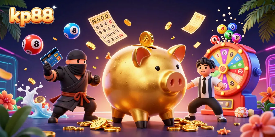 Engage in dynamic gameplay at kp88 with a vibrant casino scene featuring lively characters and lottery elements.