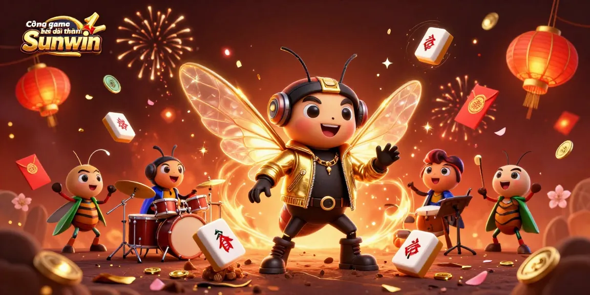 Cổng game bài đổi thưởng Sunwin features vibrant 3D characters in a dynamic casino-themed illustration, showcasing celebration and gaming elements.