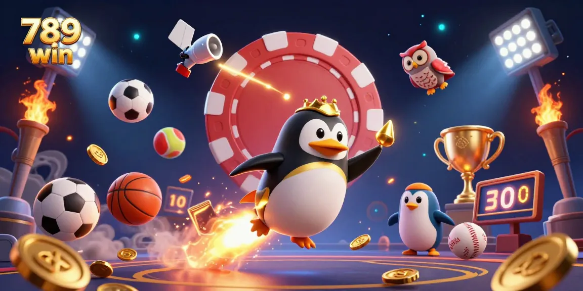 Experience the thrill of 789 win with a golden penguin spaceship flying toward a casino station amid sports elements.