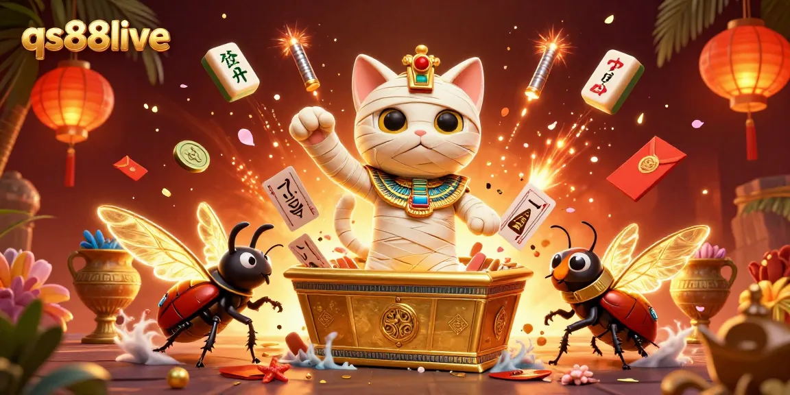 Engage with exciting gambling adventures at qs88live featuring a dynamic scene with an Egyptian mummy cat.