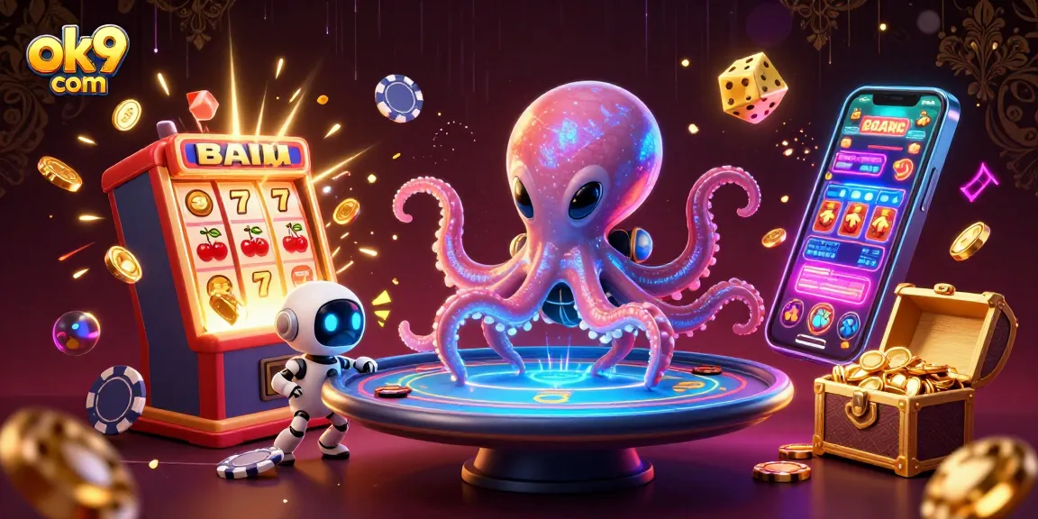 Experience thrilling moments at ok9 com with an alien octopus mastering holographic poker amidst explosive jackpots and dazzling lights.