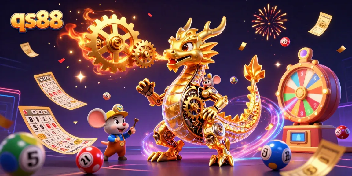 Experience the thrill of qs88 with a golden dragon and vibrant lottery elements in this dynamic casino scene.