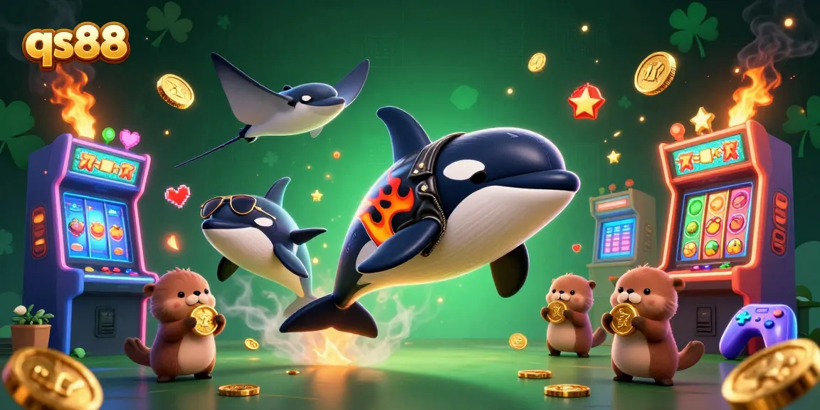 Experience excitement with qs88 as playful sea creatures navigate vibrant slot machines in a thrilling casino scene.