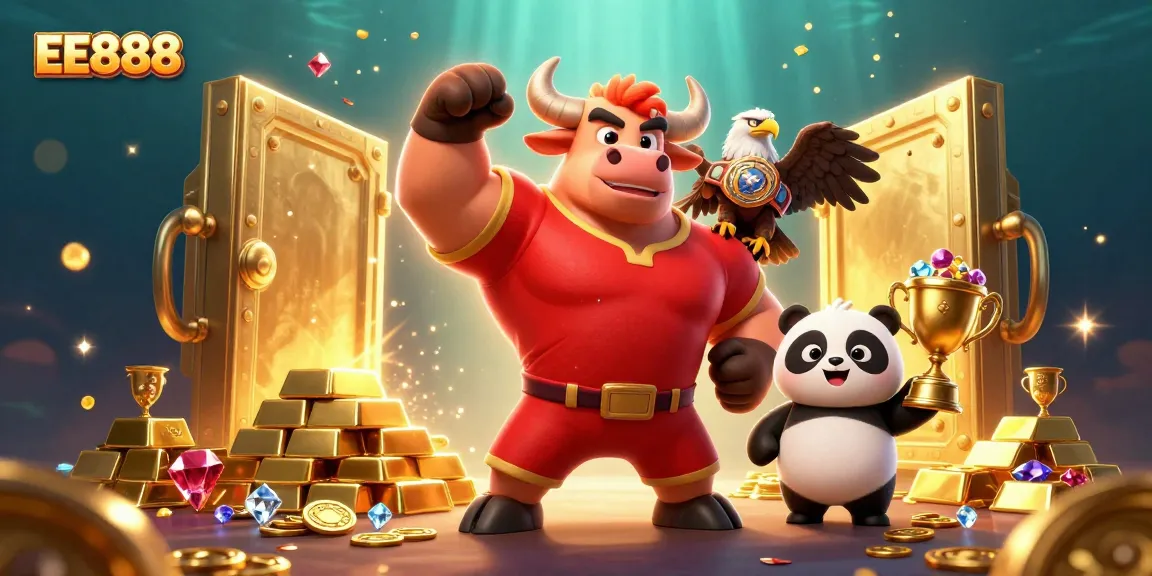 Explore the thrilling world of EE888 casino games featuring a victorious bull mascot and golden treasures