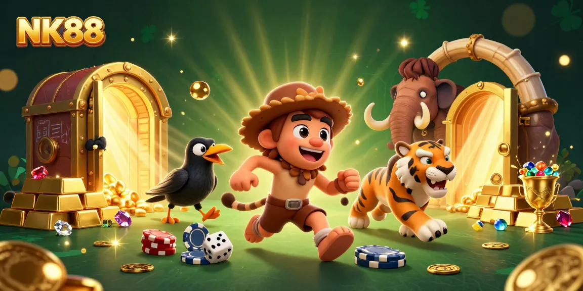 Experience thrilling plays at NK88's prehistoric casino with vibrant treasures and colorful characters.