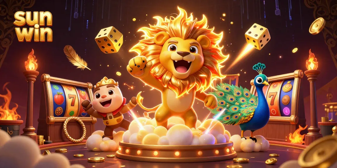 Win big with sun win as a roaring sun lion commands over a vibrant casino scene.